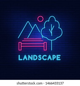 Neon landscape lighting bright landscape. Modern vector logo, icon, banner, shield, screen, image of tree mountains sun bench. Night advertising on the background of a brick wall.