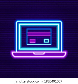 Neon Laptop with Credit Card Sign. Vetor Illustration of Banking.