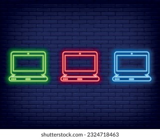 Neon laptop icon. Glowing neon notebook sign, isolated laptop computer set in different vivid colors. Glossy icon, sign. many colors
