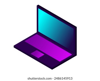 Neon laptop. Isometric 3D notebook. Colorful computer in purple colors on white background. Template icon for technology design. Programming, design and other IT professions tool. Vector illustration
