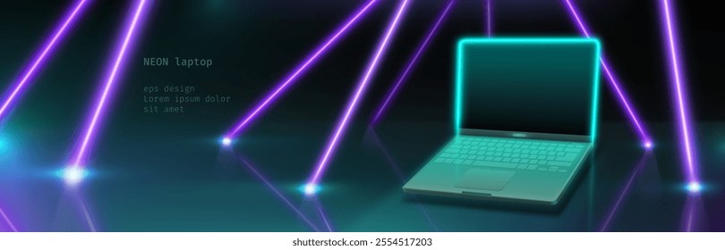 Neon laptop and laser beams on black background. Vector realistic illustration of turquoise computer model and bright shiny purple rays, IT business presentation template with blank space for text