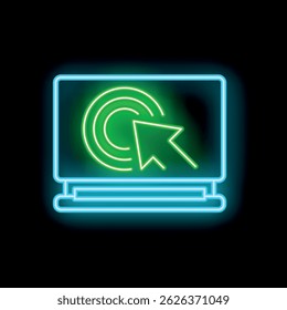 Neon laptop showing cursor clicking inside target depicting online marketing concept