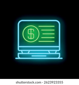 Neon laptop showing dollar sign and stats graph on screen representing online business and finance
