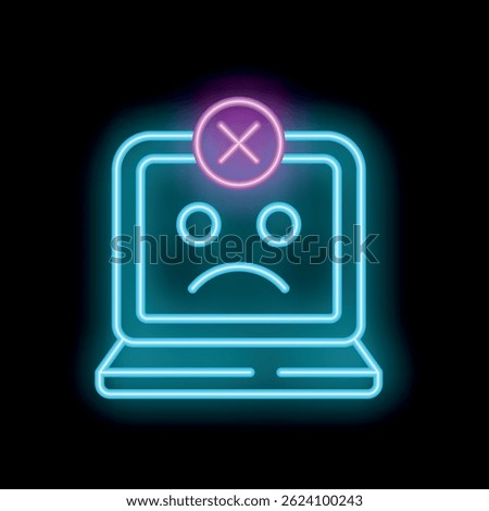 Neon laptop showing error message with sad face on screen on black background