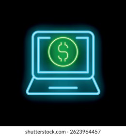 Neon laptop showing green dollar sign on black background representing online payment