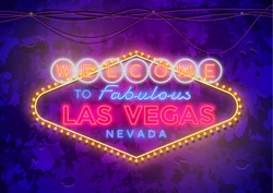 Neon Las Vegas Sign On Urban Street Grunge Wall.