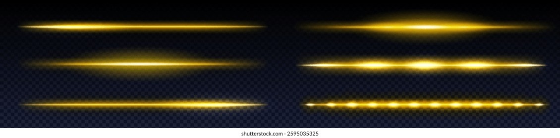 Neon laser beam collection in golden yellow colors on transparent background. Various horizontal light effects with different intensity and glow patterns. Bright luminous rays for game design.