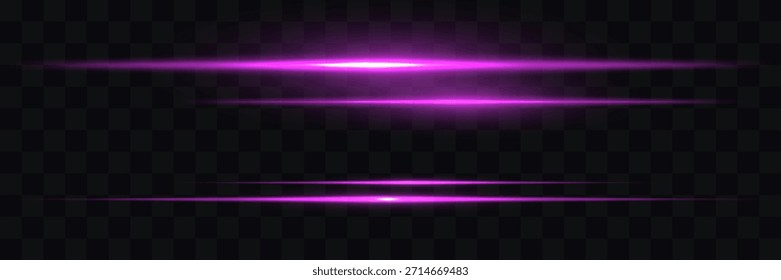Efecto de rayo láser de neón. Líneas de luz, destello de haz Horizontal. Conjunto de destellos de lentes abstractos, estrellas brillantes y destellos. Líneas púrpuras del laser de la luz de neón con efecto del flash. Rayos láser, rayos de luz.