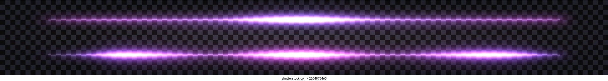 Neon laser beam, glowing light thunder bolt. Purple shiny ray lines, electric impulse with flah. Disco synthwave design element isolated. Vector illustration