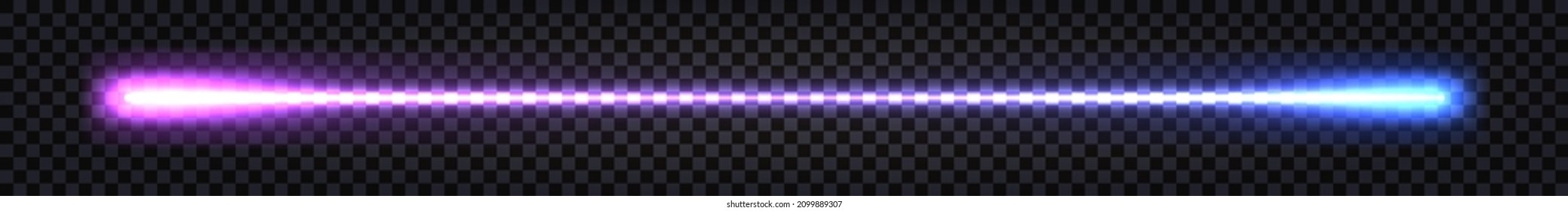 Neon laser beam, glowing streak with light thunder bolt effect. Purple and blue ray line with electric flash explosion.Techno futuristic impulse line isolated. Vector illustration