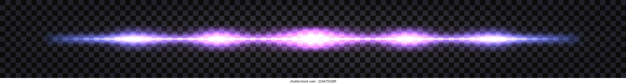 Neon laser beam, glowing streak with light thunder bolt effect. Purple and blue ray line with electric flash explosion.Techno futuristic impulse line isolated. Vector illustration