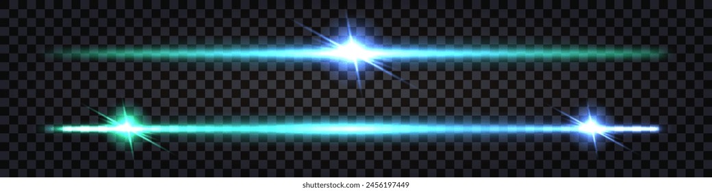 Rayos láser de neón con efecto de luz brillante, líneas de palo azul verde azulado, flash de brillo de perno de trueno. Vector aislado del diseño de la onda sintética sobre fondo transparente