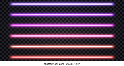 Neon laser beams, glowing sticks with fluorescent light effect. iridescent spectrum blue, purple, pink, red colors. electric thunder bolt, shiny ray lines isolated. vector illustration