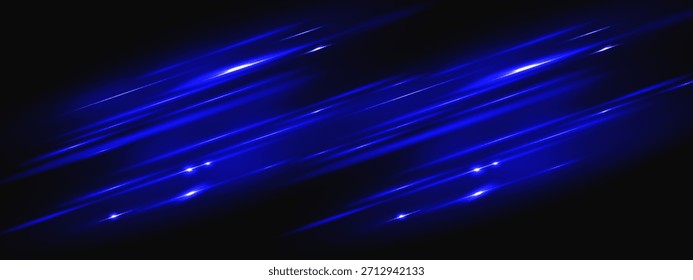 Neon laser blue with light beam and horizontal line for digital background. Bright streak with shine flare glow for speed effect in black dark space. Abstract vector ray motion dynamic overlay.