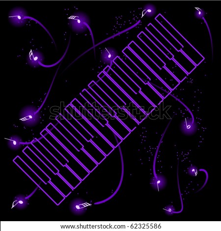 Neon or laser generated keyboard with swirling notes