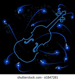 Neon or laser generated violin with fireworks and notes