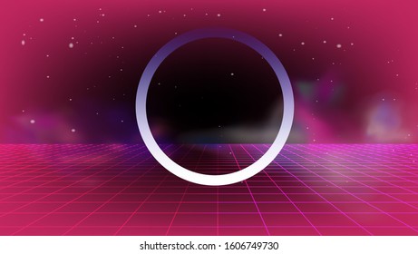 Neon laser grid with circle of light. Disco retrofututuristic background in vaporwave and retrowave 80s-90s style.