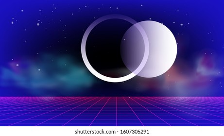 Neon laser grid with circle of light. Disco retrofututuristic background in vaporwave and retrowave 80s-90s style.