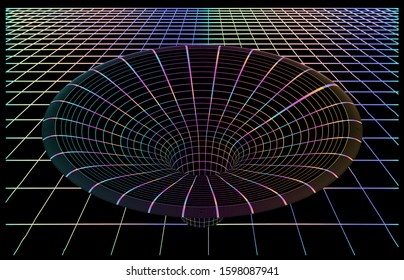 Neon laser grid with funnel in dark space. Concept illustration of Wormhole or Quantum teleportation, hyperspace tunnel in spacetime.