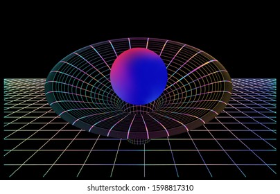 Neon Laser Grid With Funnel In Dark Space. Concept Illustration Of Wormhole Or Quantum Teleportation, Hyperspace Tunnel In Spacetime.