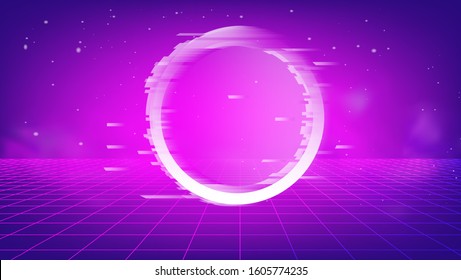 Neon laser grid with glitched and distorted circle. Disco retrofututuristic background in vaporwave and retrowave 80s-90s style.