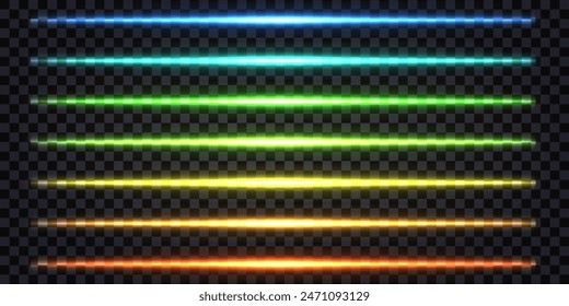 Neon laser light sticks, glowing beams with fluorescent LED effect. Colorful line borders, orange, blue, green, yellow. Vector isolated transparent elements on dark background