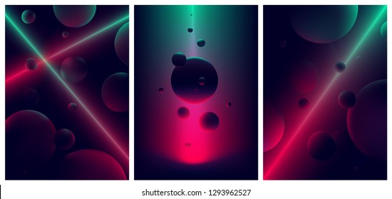 Neon laser line glow illuminates a spheres,  Abstract background space and planet , Futuristic vector gradient poster in retro style for your design
