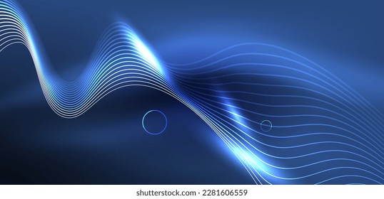 Líneas láser neón, círculos ondas fondo abstracto. Muestra de luz de neón o láser, impulso eléctrico, líneas de alimentación, impulso de energía cuántica tecno, líneas dinámicas mágicas brillantes