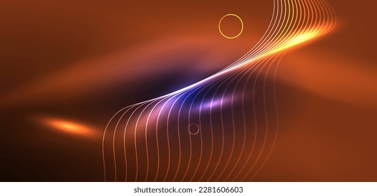 Líneas láser neón, círculos ondas fondo abstracto. Muestra de luz de neón o láser, impulso eléctrico, líneas de alimentación, impulso de energía cuántica tecno, líneas dinámicas mágicas brillantes