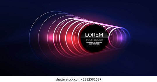 Neon laser lines, circles waves abstract background. Neon light or laser show, electric impulse, power lines, techno quantum energy impulse, magic glowing dynamic lines