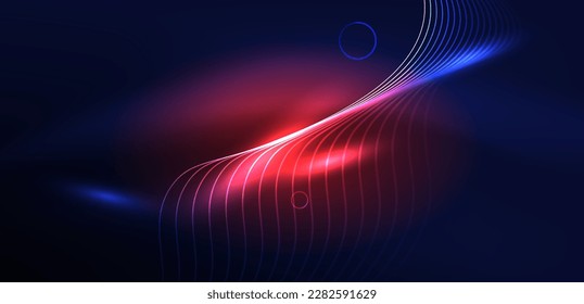 Líneas láser neón, círculos ondas fondo abstracto. Muestra de luz de neón o láser, impulso eléctrico, líneas de alimentación, impulso de energía cuántica tecno, líneas dinámicas mágicas brillantes