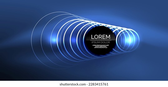 Neon laser lines, circles waves abstract background. Neon light or laser show, electric impulse, power lines, techno quantum energy impulse, magic glowing dynamic lines