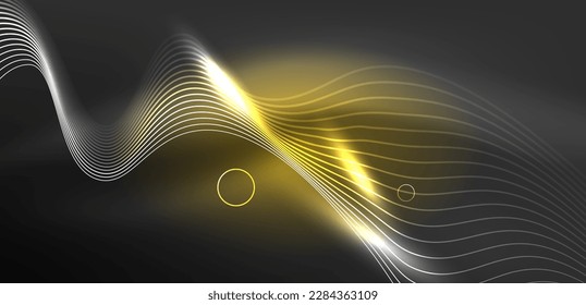 Neonlaserlinien, Kreise Wellen abstrakter Hintergrund. Neonlicht- oder Lasershow, elektrische Impulse, Stromleitungen, Techno-Quantenenergieimpuls, magische, dynamische Linien