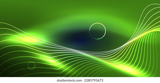 Neon laser lines, circles waves abstract background. Neon light or laser show, electric impulse, power lines, techno quantum energy impulse, magic glowing dynamic lines