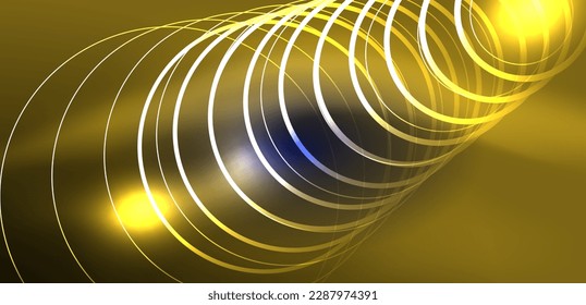 Neon laser lines, circles waves abstract background. Neon light or laser show, electric impulse, power lines, techno quantum energy impulse, magic glowing dynamic lines