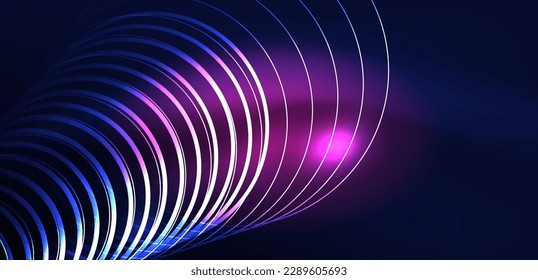 Neon laser lines, circles waves abstract background. Neon light or laser show, electric impulse, power lines, techno quantum energy impulse, magic glowing dynamic lines