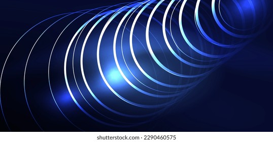 Neon laser lines, circles waves abstract background. Neon light or laser show, electric impulse, power lines, techno quantum energy impulse, magic glowing dynamic lines