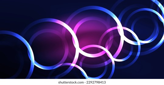 Neon laser lines, circles waves abstract background. Neon light or laser show, electric impulse, power lines, techno quantum energy impulse, magic glowing dynamic lines