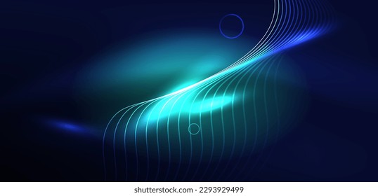 Neon laser lines, circles waves abstract background. Neon light or laser show, electric impulse, power lines, techno quantum energy impulse, magic glowing dynamic lines