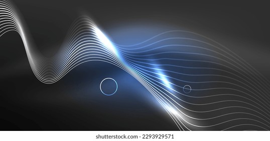 Neon laser lines, circles waves abstract background. Neon light or laser show, electric impulse, power lines, techno quantum energy impulse, magic glowing dynamic lines