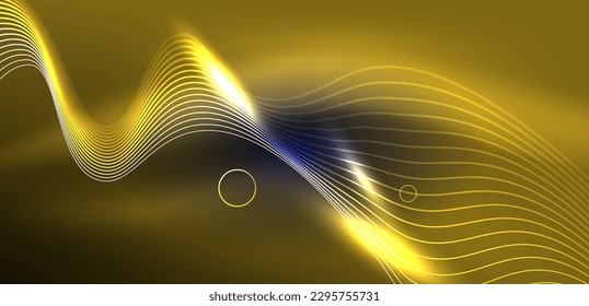 Neon laser lines, circles waves abstract background. Neon light or laser show, electric impulse, power lines, techno quantum energy impulse, magic glowing dynamic lines