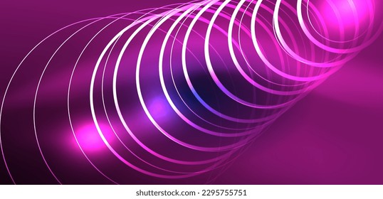 Neon laser lines, circles waves abstract background. Neon light or laser show, electric impulse, power lines, techno quantum energy impulse, magic glowing dynamic lines