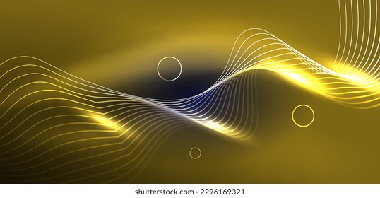 Neon laser lines, circles waves abstract background. Neon light or laser show, electric impulse, power lines, techno quantum energy impulse, magic glowing dynamic lines