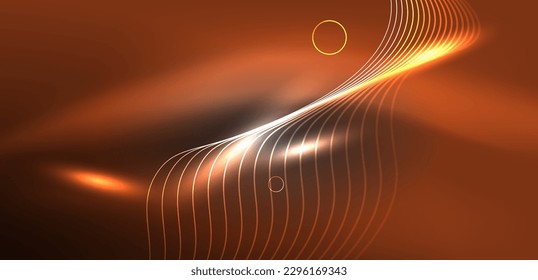 Neon laser lines, circles waves abstract background. Neon light or laser show, electric impulse, power lines, techno quantum energy impulse, magic glowing dynamic lines