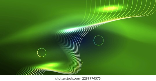 Neonlaserlinien, Kreise Wellen abstrakter Hintergrund. Neonlicht- oder Lasershow, elektrische Impulse, Stromleitungen, Techno-Quantenenergieimpuls, magische, dynamische Linien