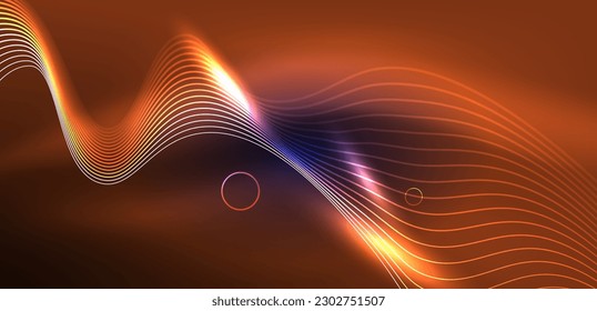 Neon laser lines, circles waves abstract background. Neon light or laser show, electric impulse, power lines, techno quantum energy impulse, magic glowing dynamic lines