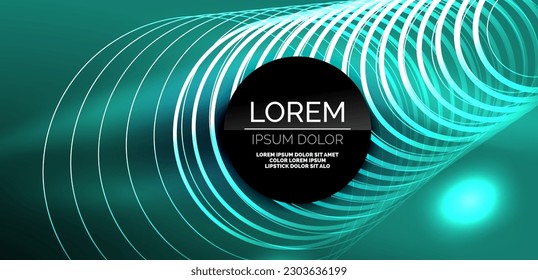 Neon laser lines, circles waves abstract background. Neon light or laser show, electric impulse, power lines, techno quantum energy impulse, magic glowing dynamic lines