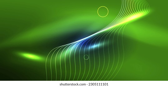 Líneas láser neón, círculos ondas fondo abstracto. Muestra de luz de neón o láser, impulso eléctrico, líneas de alimentación, impulso de energía cuántica tecno, líneas dinámicas mágicas brillantes