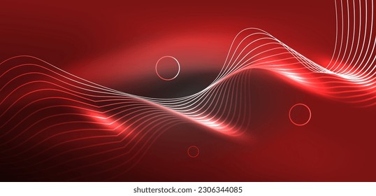 Neon laser lines, circles waves abstract background. Neon light or laser show, electric impulse, power lines, techno quantum energy impulse, magic glowing dynamic lines