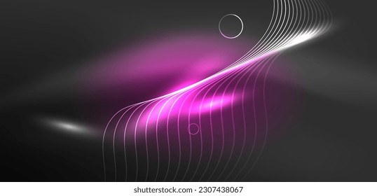 Neon laser lines, circles waves abstract background. Neon light or laser show, electric impulse, power lines, techno quantum energy impulse, magic glowing dynamic lines